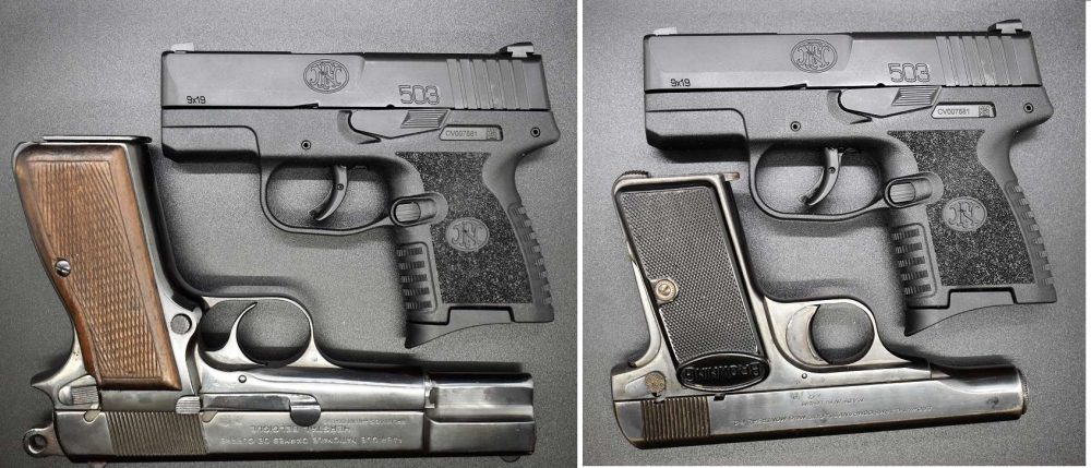 FN Model 503 Pistol compared in size to an FN Hi-Power and FN 1910