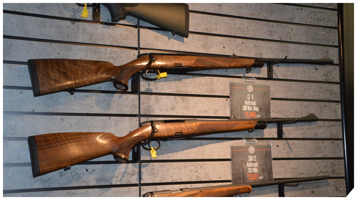 Steyr bolt action rifles on a rack