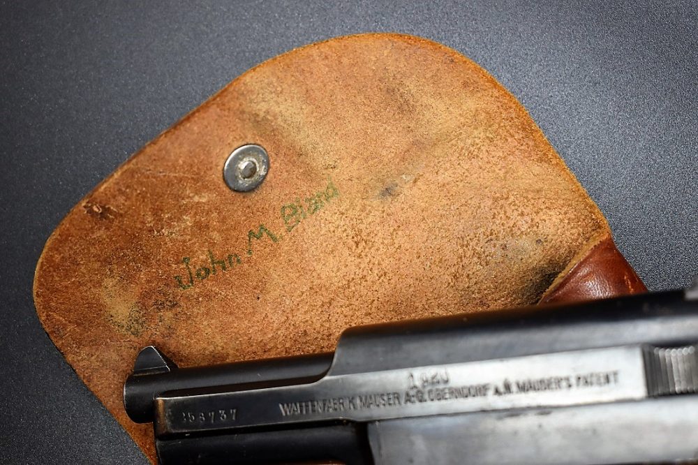 This Mauser M1914 pistol in .32ACP was made in 1920 and it, along with its leather holster, was brought back in 1945. Vets often wrote their names on captured holsters to ensure against sticky hands or, in cases where whole crates of guns were captured, simply to tell them apart. (Photo: Chris Eger/Guns.com)