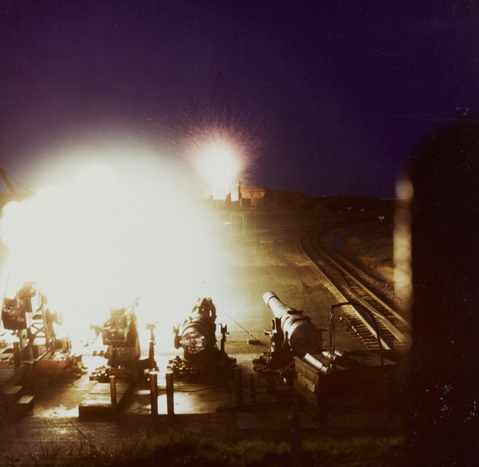 80-G-K-13601 Dahlgren Five-inch gun makes a hit on an armor plate target, during World War II ordnance testing.