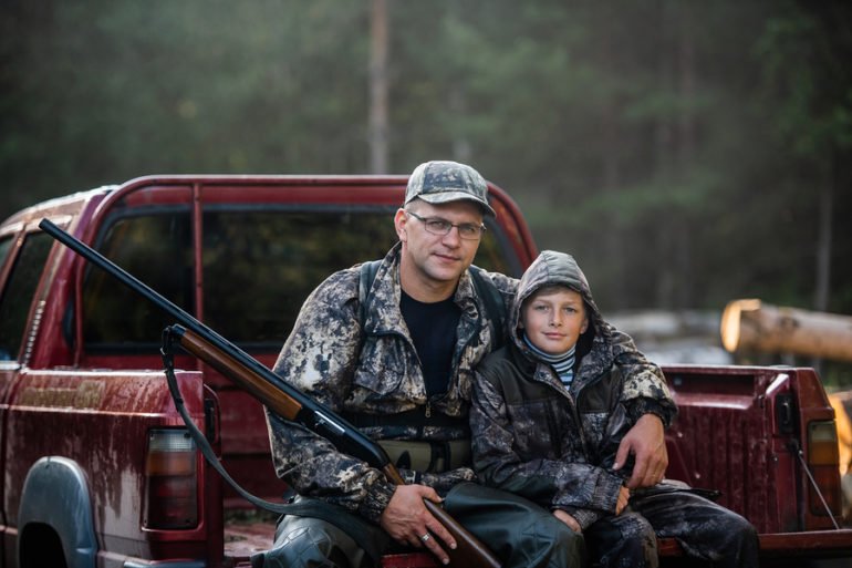 father dad son hunting shooting