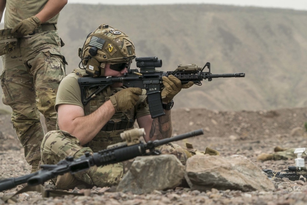 U.S. Army Spc. Cody Meracle, 1-186th Infantry Battalion, Site Security Team, Task Force Guardian infantryman, Combined Joint Task Force – Horn of Africa (CJTF-HOA), fires an M4 carbine at a firing range in Djibouti, June 13, 2020.