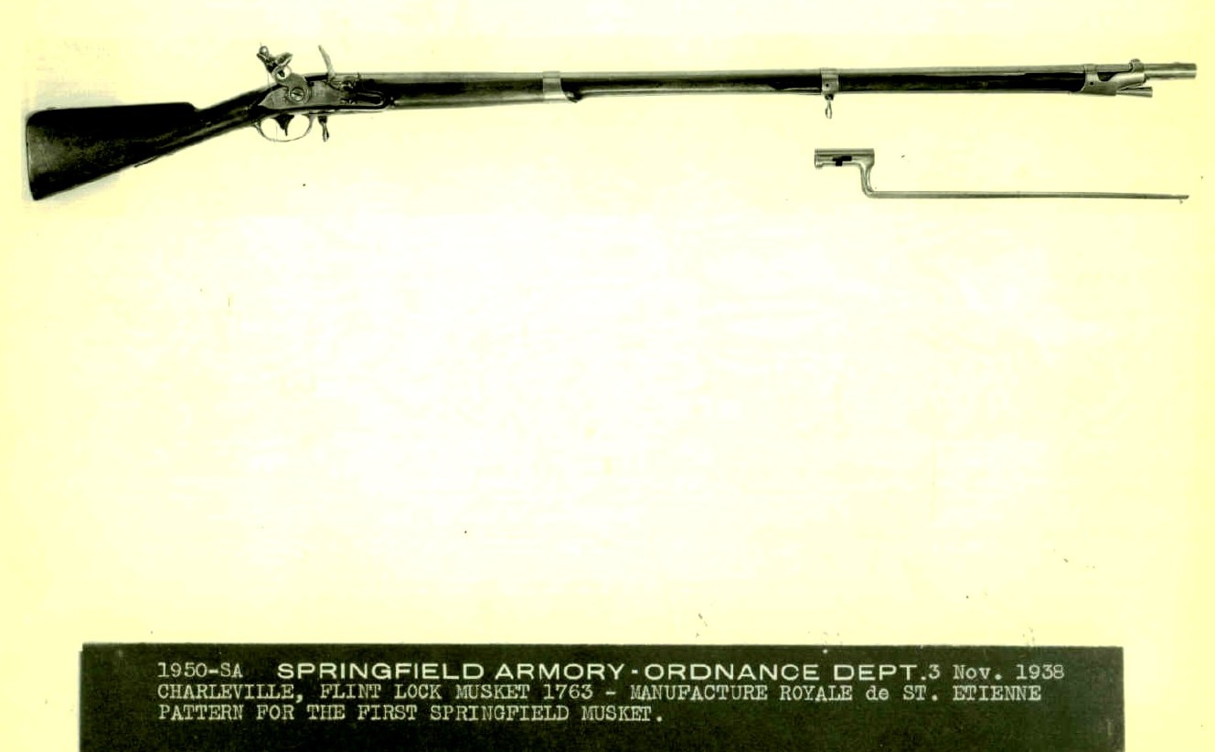 Charleville Flint Lock Musket bayonet U.S. on plate at rear of cock. Crown over HB hallmark followed by Manuf Royale de St. Etienne Springfield 1795 1950-SA.A.1