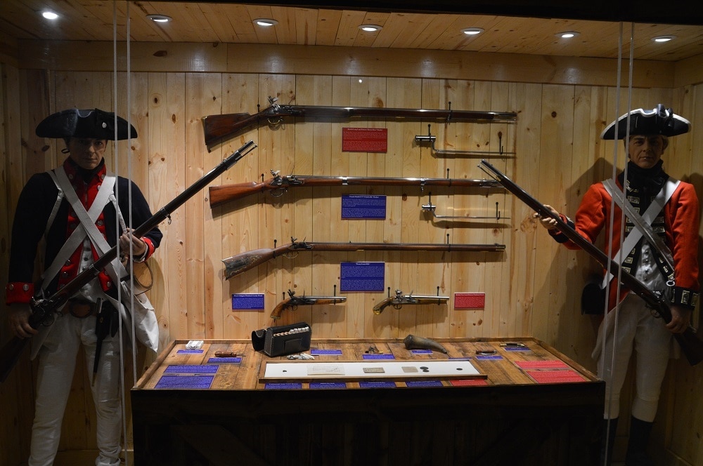 Revolutionary War weapons such as British Brown Bess and French 1777 Charleville muskets along w Pennsylvania rifles.